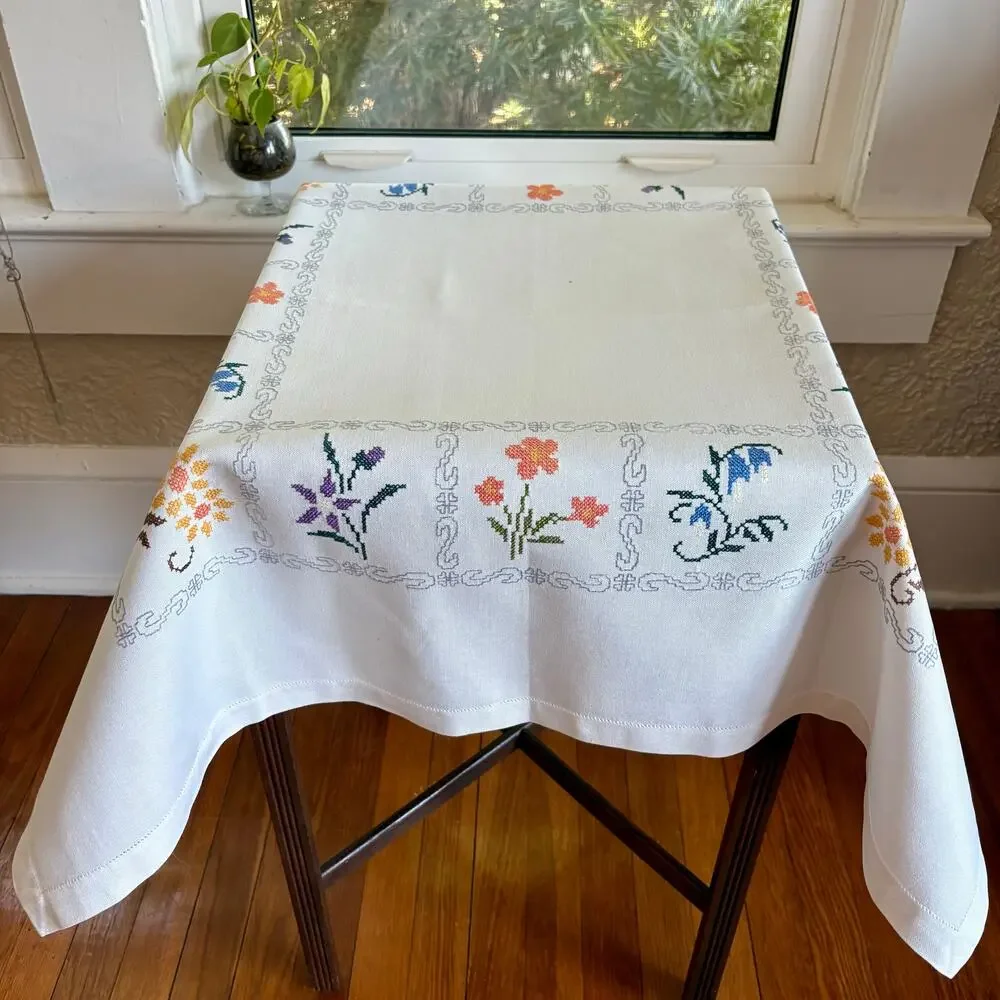 Vintage Cross Stitch Tablecloth Floral Border Heavy Cotton Square